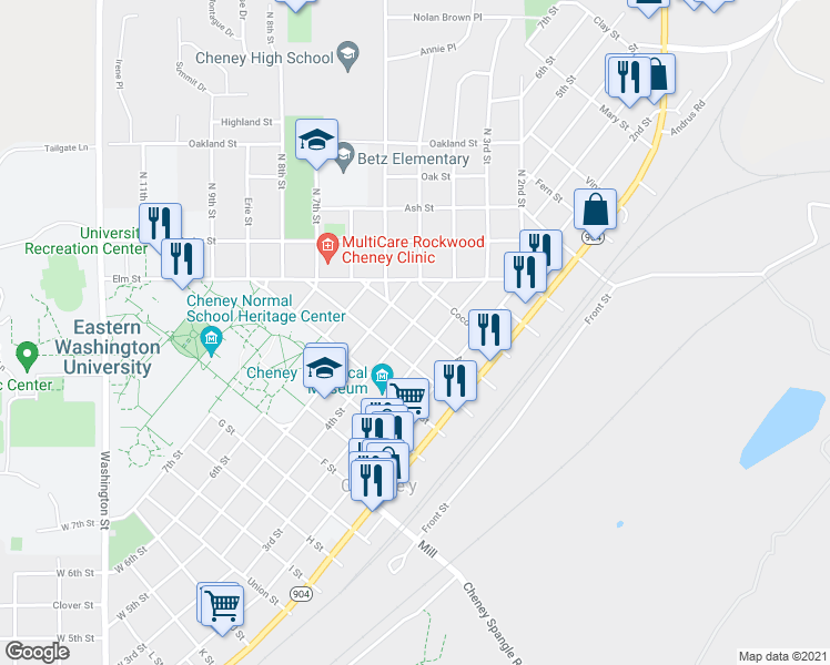 map of restaurants, bars, coffee shops, grocery stores, and more near 823 4th St in Cheney