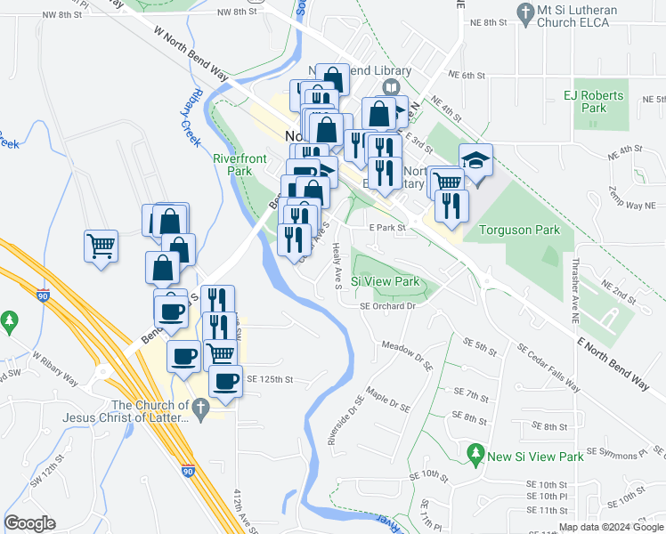 map of restaurants, bars, coffee shops, grocery stores, and more near 401 Stow Avenue South in North Bend