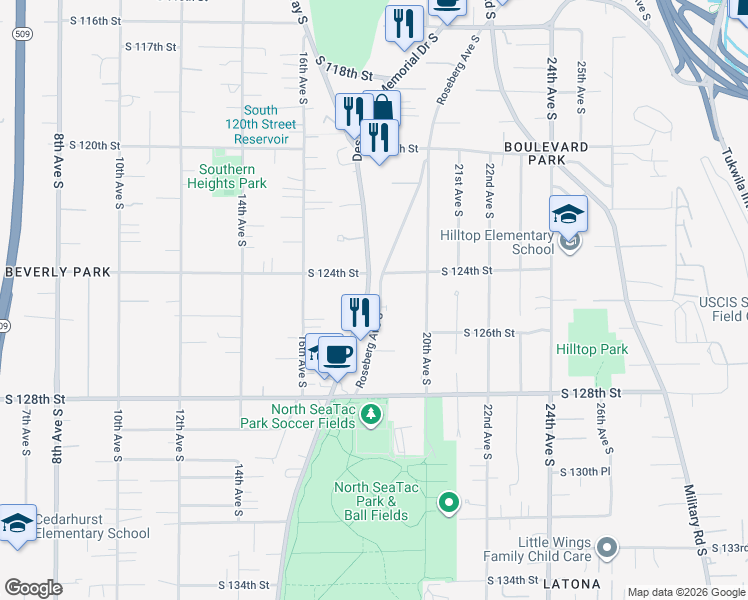 map of restaurants, bars, coffee shops, grocery stores, and more near 12424 Des Moines Memorial Drive in Seattle
