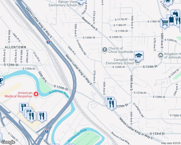 map of restaurants, bars, coffee shops, grocery stores, and more near 12429 56th Place South in Seattle