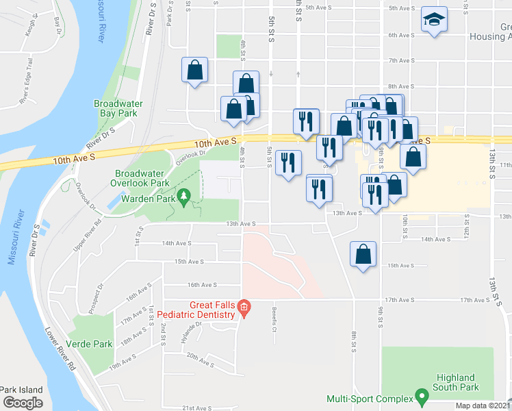 map of restaurants, bars, coffee shops, grocery stores, and more near 416 12th Avenue South in Great Falls