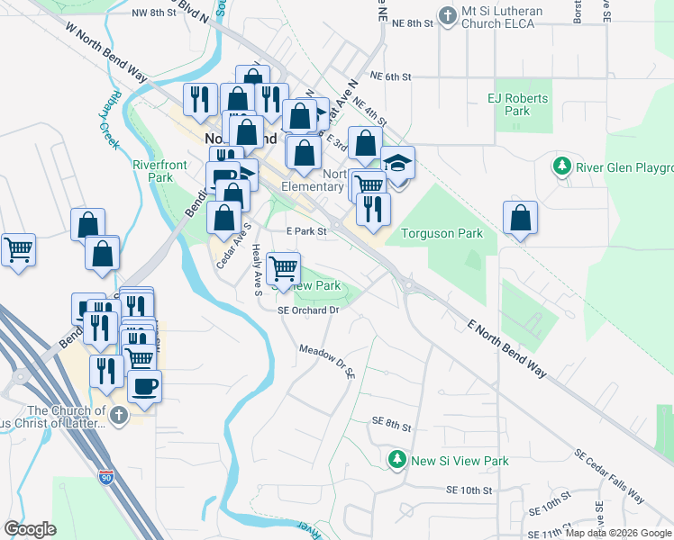 map of restaurants, bars, coffee shops, grocery stores, and more near 321 Southeast Orchard Drive in North Bend