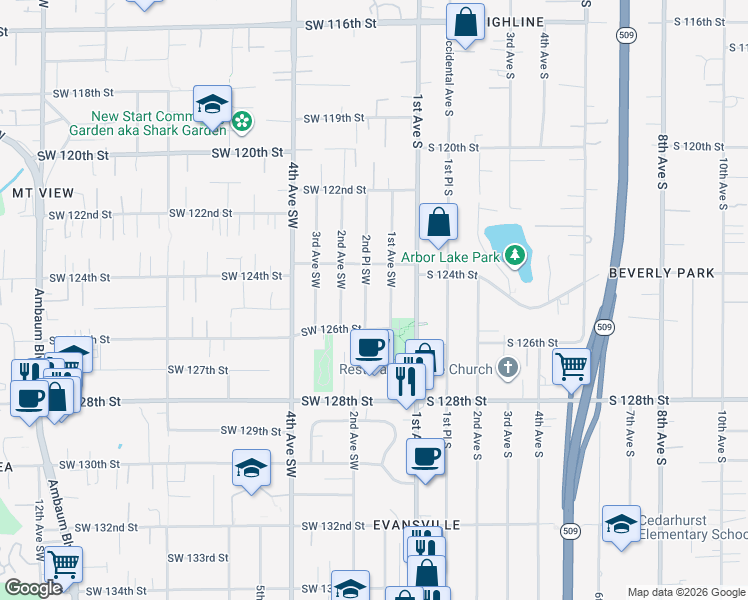map of restaurants, bars, coffee shops, grocery stores, and more near 12438 2nd Place Southwest in Seattle