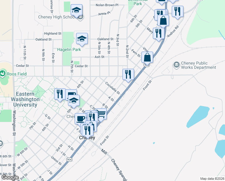 map of restaurants, bars, coffee shops, grocery stores, and more near 924 2nd Street in Cheney