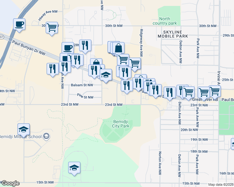 map of restaurants, bars, coffee shops, grocery stores, and more near 2312 Ash Avenue Northwest in Bemidji