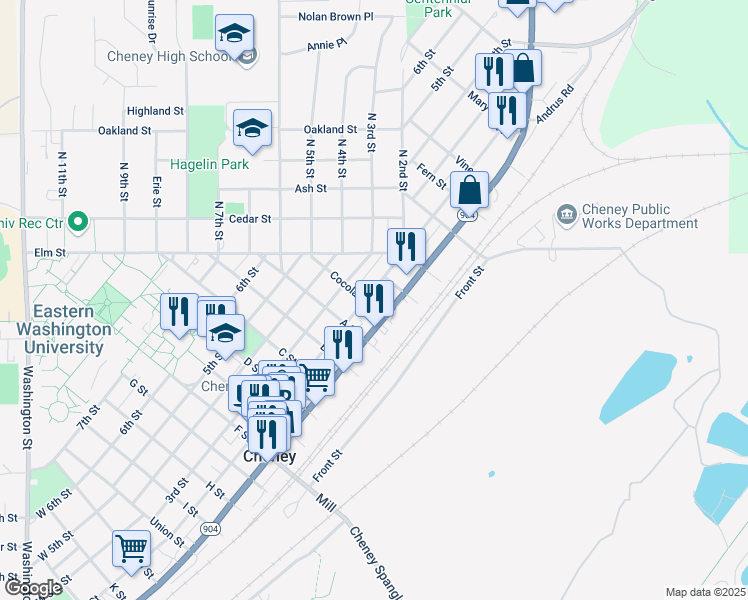 map of restaurants, bars, coffee shops, grocery stores, and more near 1003 2nd Street in Cheney