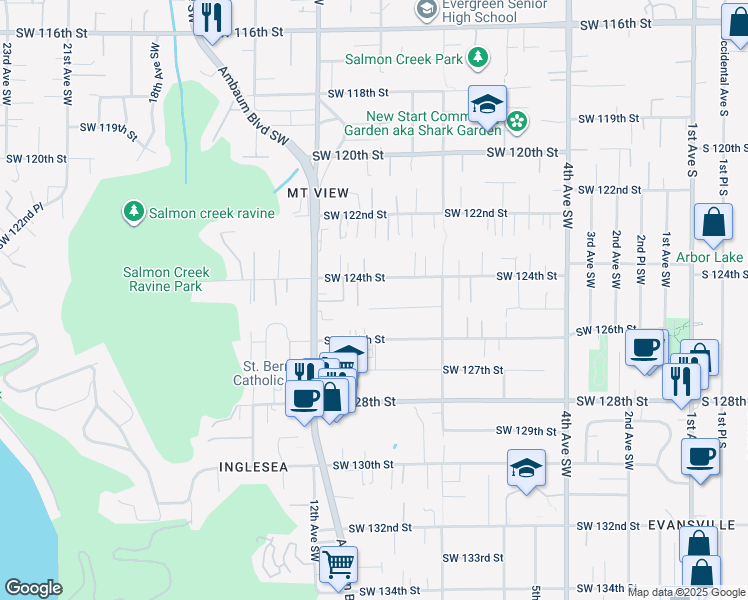 map of restaurants, bars, coffee shops, grocery stores, and more near 1000 Southwest 125th Street in Seattle