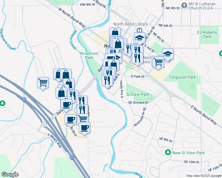 map of restaurants, bars, coffee shops, grocery stores, and more near 440 Main Avenue South in North Bend