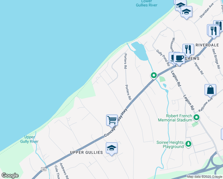 map of restaurants, bars, coffee shops, grocery stores, and more near Anthonys Road in Conception Bay South