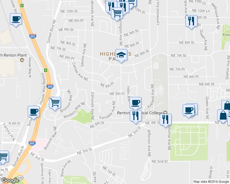 map of restaurants, bars, coffee shops, grocery stores, and more near 2712 Northeast 5th Place in Renton