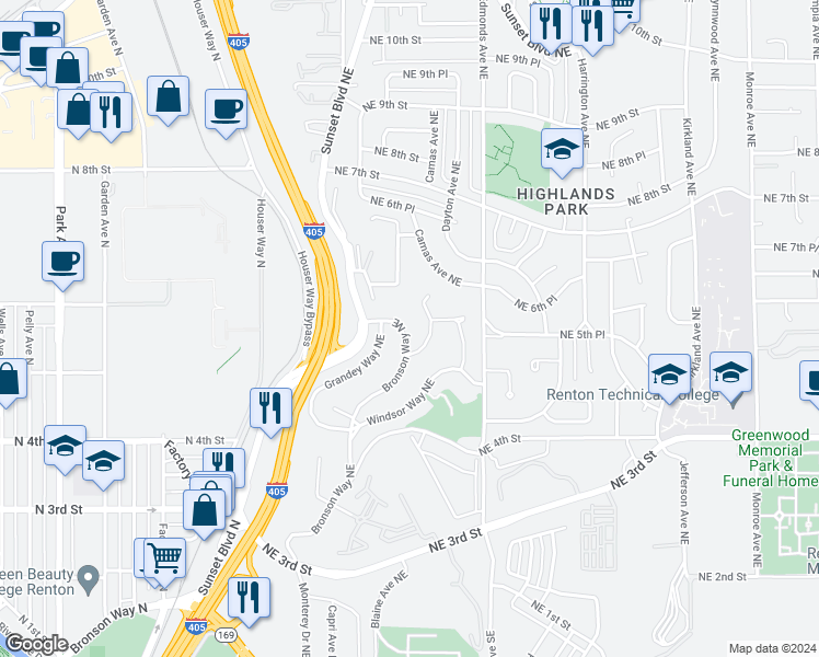 map of restaurants, bars, coffee shops, grocery stores, and more near 554 Bronson Way Northeast in Renton