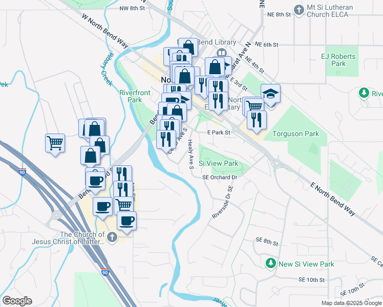 map of restaurants, bars, coffee shops, grocery stores, and more near 423 Healy Avenue South in North Bend