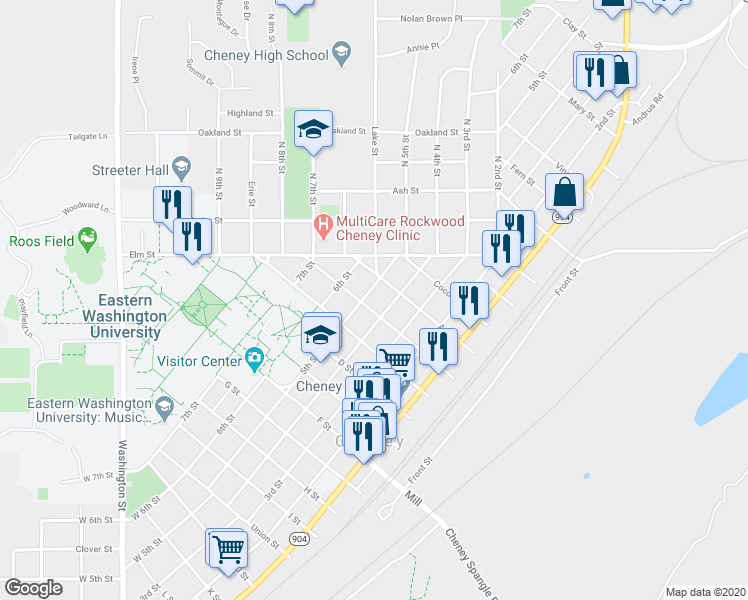 map of restaurants, bars, coffee shops, grocery stores, and more near 415 B Street in Cheney