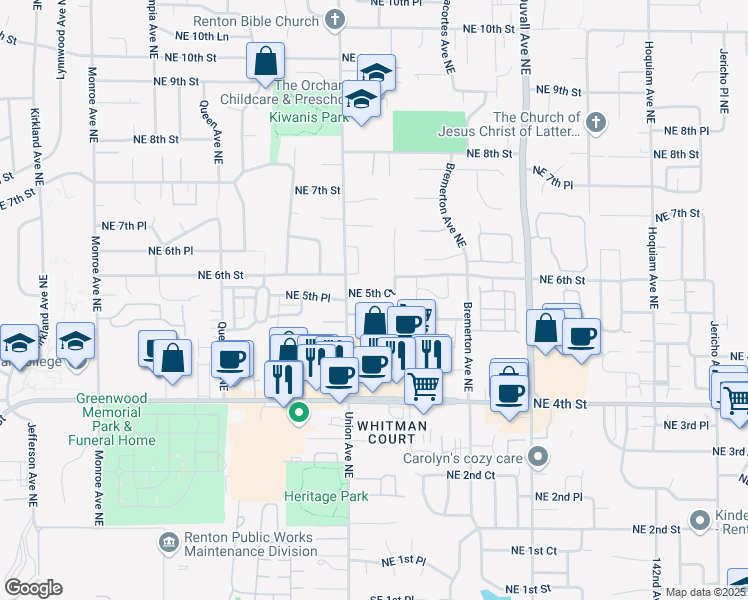 map of restaurants, bars, coffee shops, grocery stores, and more near 4139 Northeast 5th Court in Renton