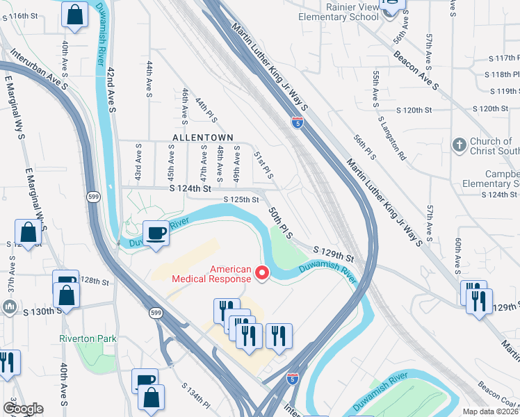 map of restaurants, bars, coffee shops, grocery stores, and more near 12507 50th Place South in Tukwila