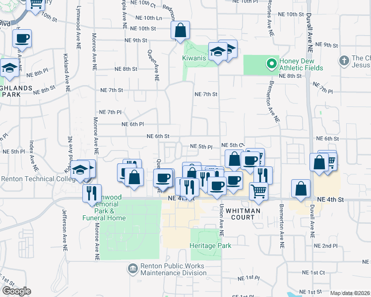 map of restaurants, bars, coffee shops, grocery stores, and more near 538 Shelton Place Northeast in Renton