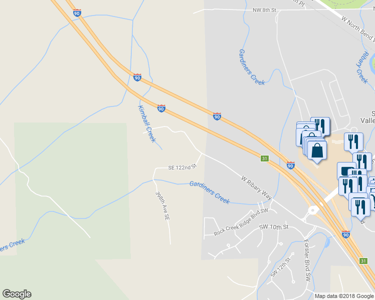 map of restaurants, bars, coffee shops, grocery stores, and more near 40026 Southeast 122nd Street in North Bend