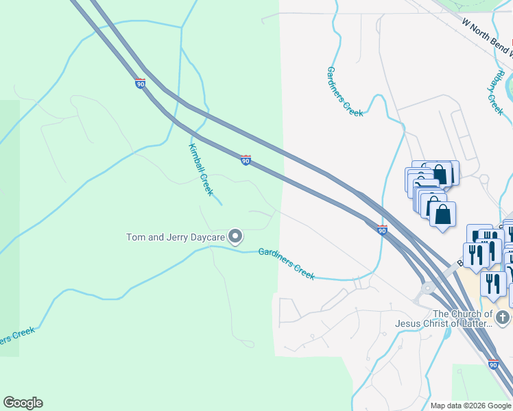 map of restaurants, bars, coffee shops, grocery stores, and more near 40026 Southeast 122nd Street in North Bend