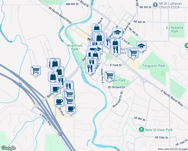 map of restaurants, bars, coffee shops, grocery stores, and more near 440 Main Avenue South in North Bend