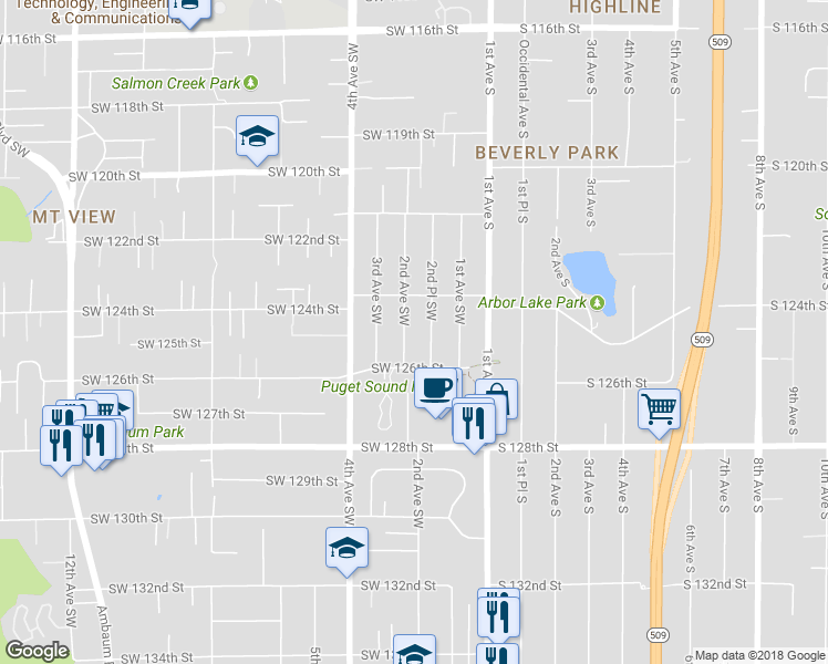 map of restaurants, bars, coffee shops, grocery stores, and more near 12428 2nd Avenue Southwest in Seattle