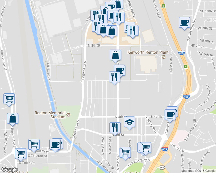 map of restaurants, bars, coffee shops, grocery stores, and more near 535 Pelly Avenue North in Renton