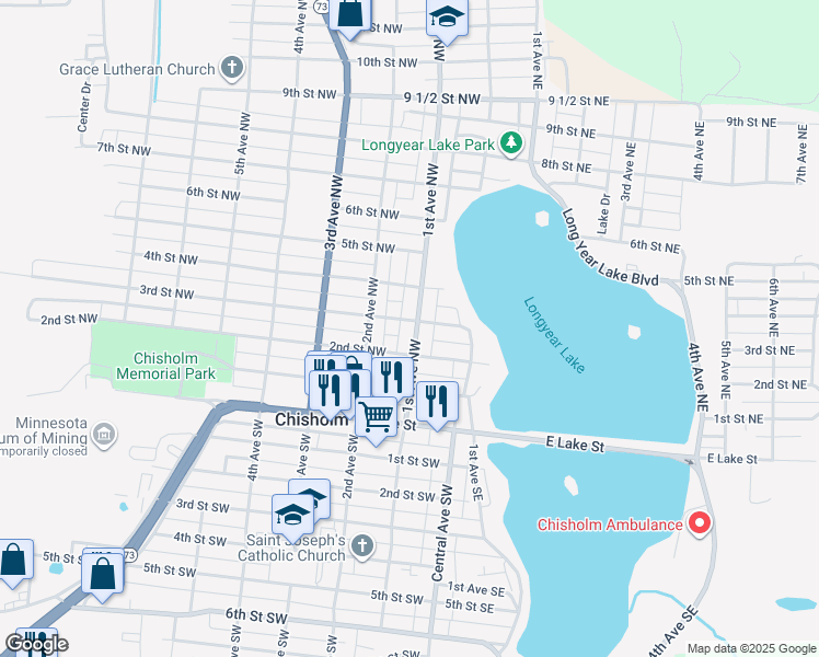 map of restaurants, bars, coffee shops, grocery stores, and more near 215 1st Avenue Southwest in Chisholm