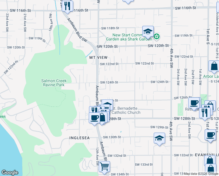 map of restaurants, bars, coffee shops, grocery stores, and more near 1000 Southwest 125th Street in Seattle