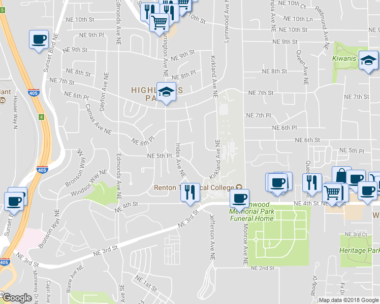 map of restaurants, bars, coffee shops, grocery stores, and more near 551 Index Place Northeast in Renton