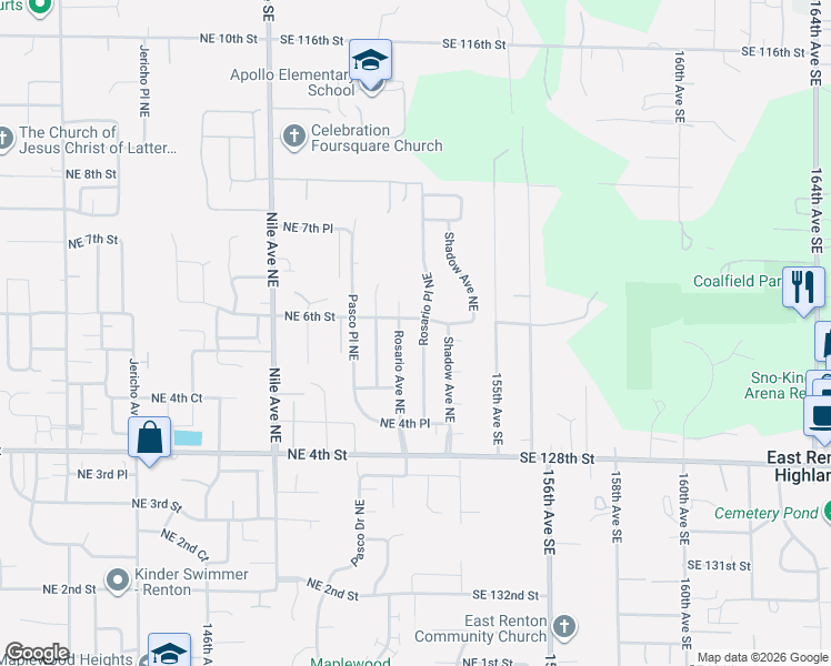 map of restaurants, bars, coffee shops, grocery stores, and more near 563 Rosario Place Northeast in Renton