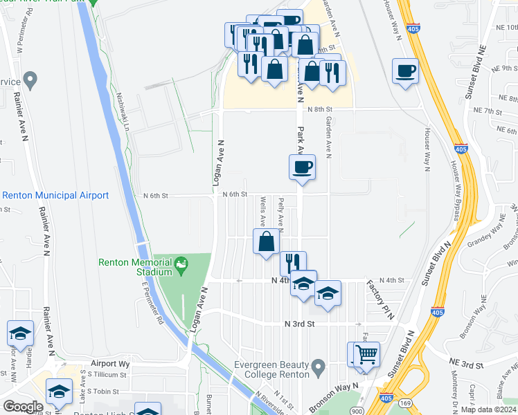 map of restaurants, bars, coffee shops, grocery stores, and more near 533 Wells Avenue North in Renton