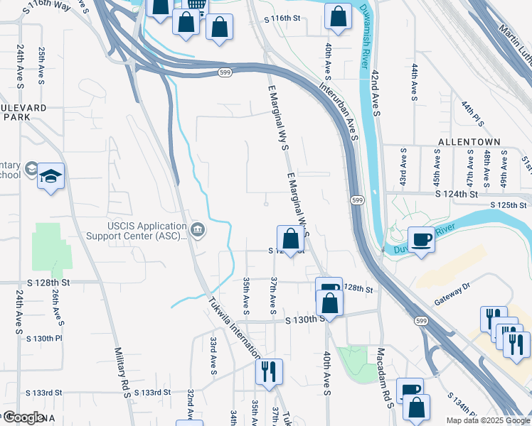 map of restaurants, bars, coffee shops, grocery stores, and more near 12401 East Marginal Way South in Tukwila