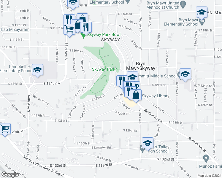 map of restaurants, bars, coffee shops, grocery stores, and more near 7243 South 125th Street in Seattle