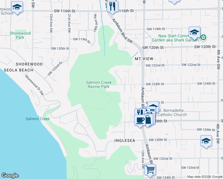 map of restaurants, bars, coffee shops, grocery stores, and more near 1515 Southwest 124th Street in Burien