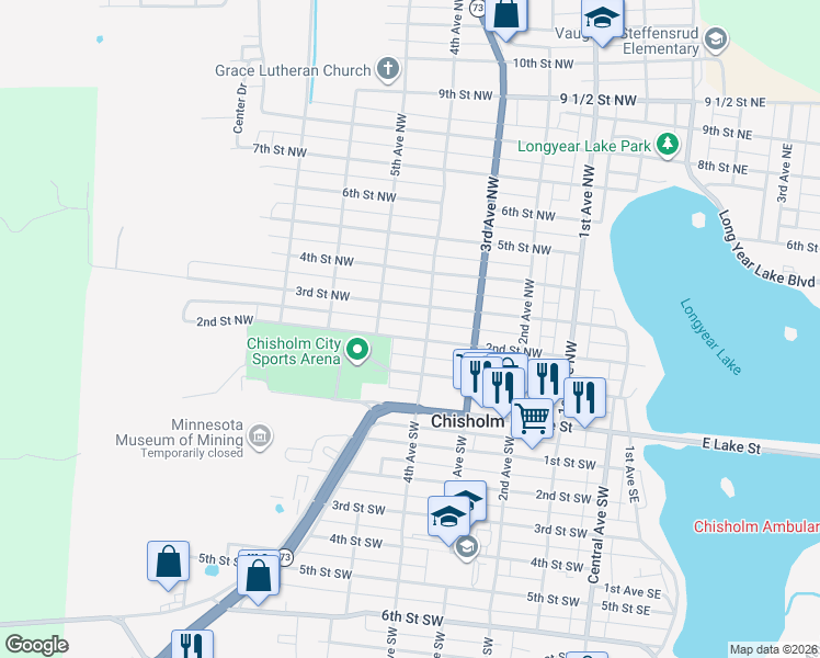 map of restaurants, bars, coffee shops, grocery stores, and more near 412 2nd Street Northwest in Chisholm