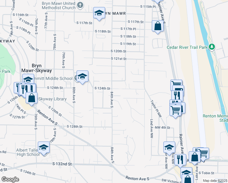 map of restaurants, bars, coffee shops, grocery stores, and more near 8409 South 124th Street in Seattle