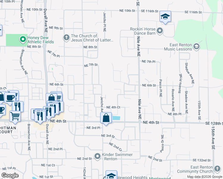 map of restaurants, bars, coffee shops, grocery stores, and more near 5416 Northeast 5th Place in Renton