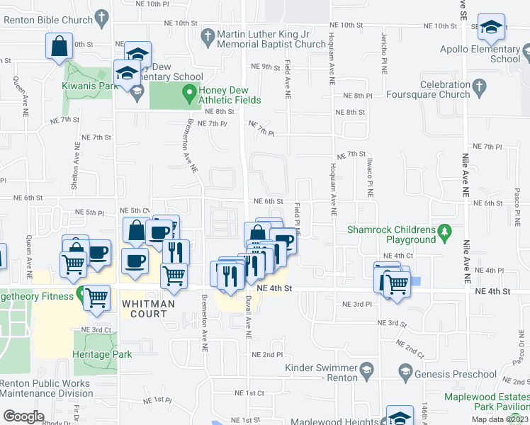 map of restaurants, bars, coffee shops, grocery stores, and more near 571 Elma Avenue Northeast in Renton