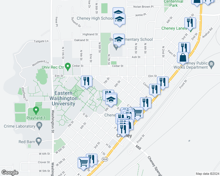 map of restaurants, bars, coffee shops, grocery stores, and more near 701 6th Street in Cheney