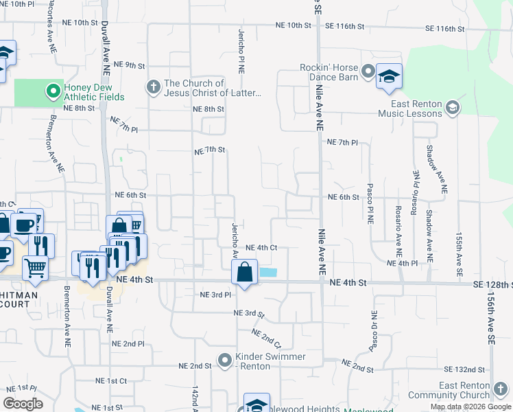map of restaurants, bars, coffee shops, grocery stores, and more near 5416 Northeast 5th Place in Renton