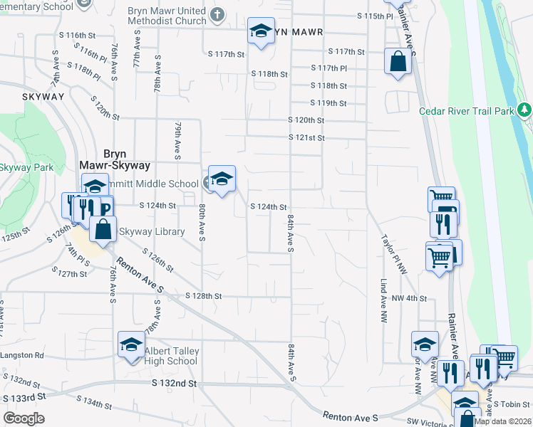 map of restaurants, bars, coffee shops, grocery stores, and more near 12405 83rd Avenue South in Seattle