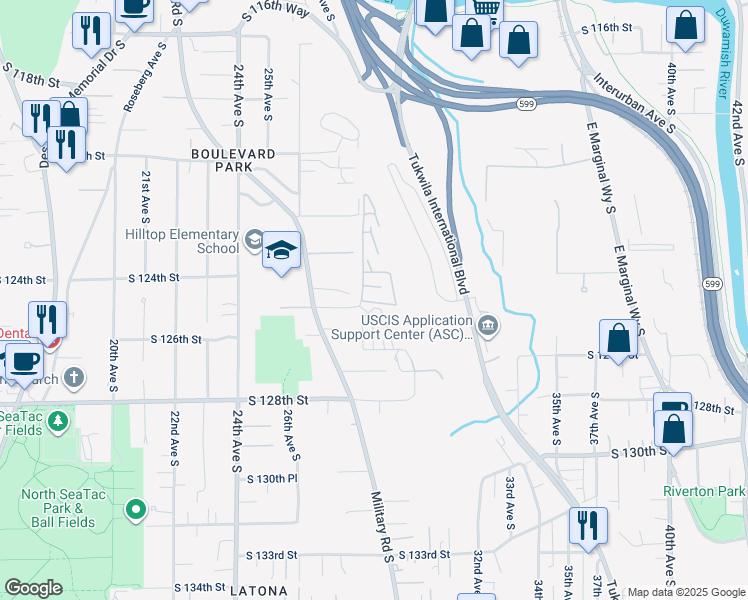 map of restaurants, bars, coffee shops, grocery stores, and more near 12450 28th Avenue South in Seattle