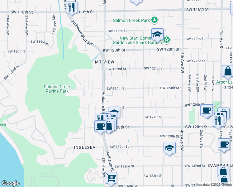 map of restaurants, bars, coffee shops, grocery stores, and more near 1000 Southwest 125th Street in Seattle