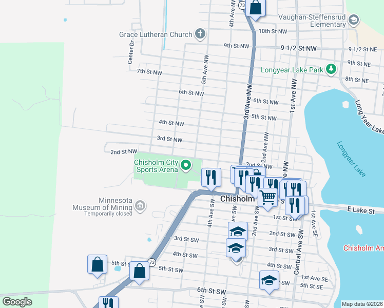 map of restaurants, bars, coffee shops, grocery stores, and more near 203 5th Avenue Northwest in Chisholm