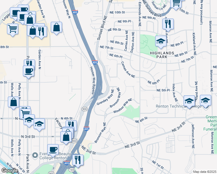 map of restaurants, bars, coffee shops, grocery stores, and more near Sunset Blvd NE & Bronson Way NE in Renton