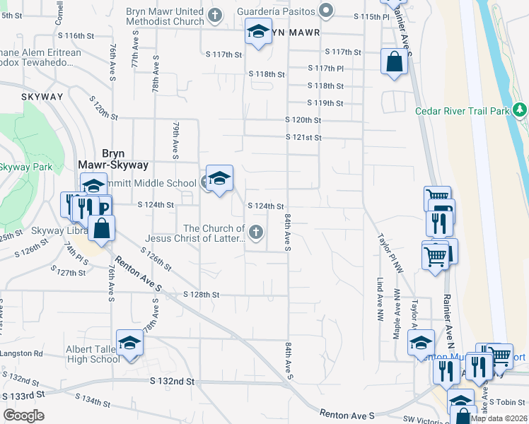 map of restaurants, bars, coffee shops, grocery stores, and more near 12405 83rd Avenue South in Seattle