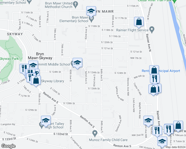 map of restaurants, bars, coffee shops, grocery stores, and more near 12405 83rd Avenue South in Seattle