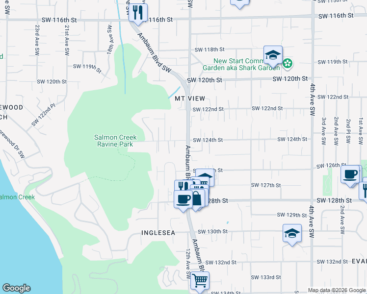 map of restaurants, bars, coffee shops, grocery stores, and more near 12415 Ambaum Boulevard Southwest in Burien