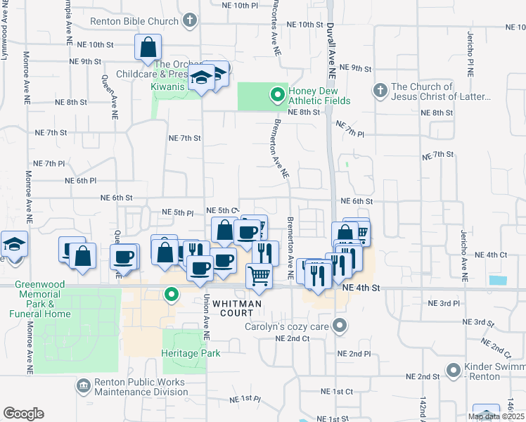 map of restaurants, bars, coffee shops, grocery stores, and more near 555 Anacortes Court Northeast in Renton