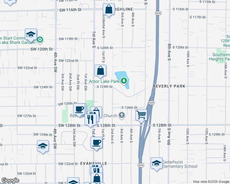 map of restaurants, bars, coffee shops, grocery stores, and more near 12414 2nd Avenue Southwest in Seattle