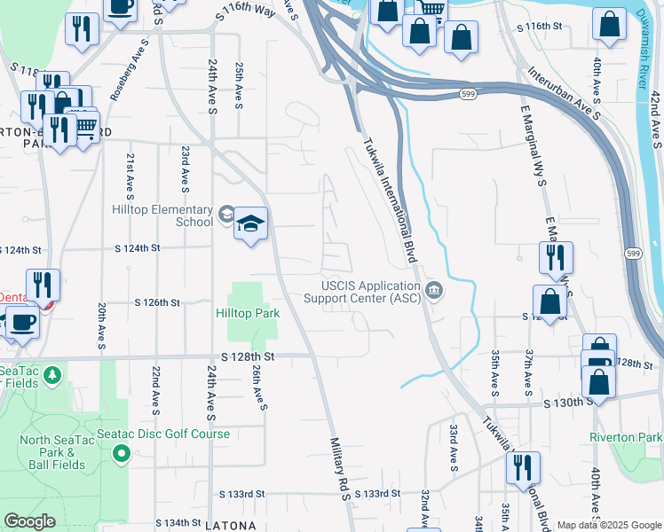 map of restaurants, bars, coffee shops, grocery stores, and more near 12450 28th Avenue South in Seattle